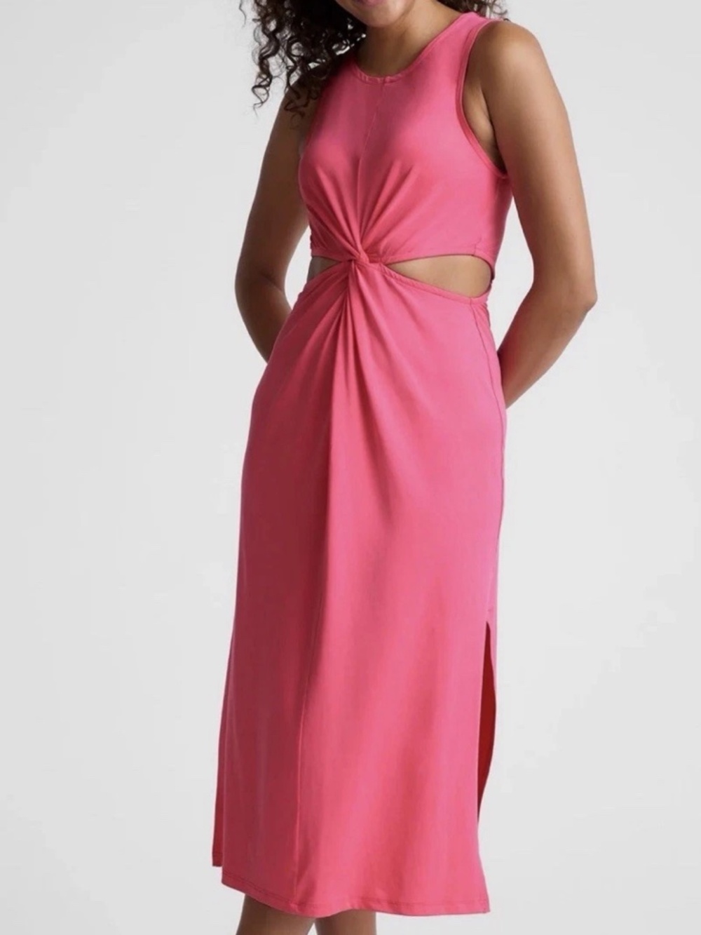 Beyond Yoga Pink Cut Out Twist Front Sleeveless Midi Dress XS Crew Neck